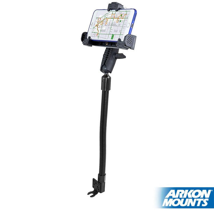 The LockVise™ Locking Seat Rail or Floor Phone Mount holds a smartphone with a map on screen. It features a long, adjustable neck and sturdy base clamp, shown on a white background with the Arkon Mounts logo in the corner.