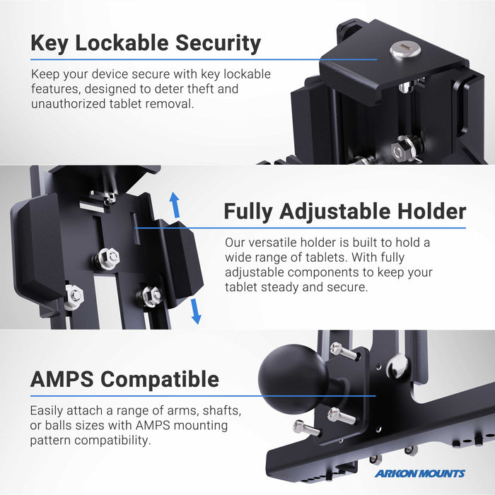 An infographic for Arkon Mounts showcases the LockVise™ Metal Locking Tablet Mount with Drill Base and 5 Metal Shaft, featuring rugged aluminum construction, key lock security, full adjustability, AMPS compatibility, and robust design for forklifts.