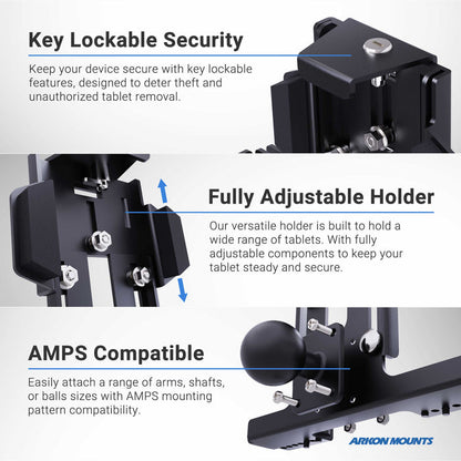 An infographic for Arkon Mounts showcases the LockVise™ Metal Locking Tablet Mount with Drill Base and 5 Metal Shaft, featuring rugged aluminum construction, key lock security, full adjustability, AMPS compatibility, and robust design for forklifts.
