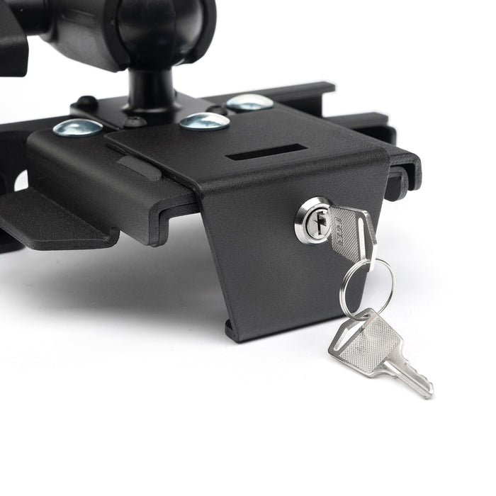 Close-up of the LockVise™ Metal Locking Tablet Mount with Drill Base Mount and 5″ Metal Shaft, featuring a black metal bracket with a key lock mechanism. Two silver keys are inserted in the lock, and three silver screws are visible on the rugged aluminum tablet holder.