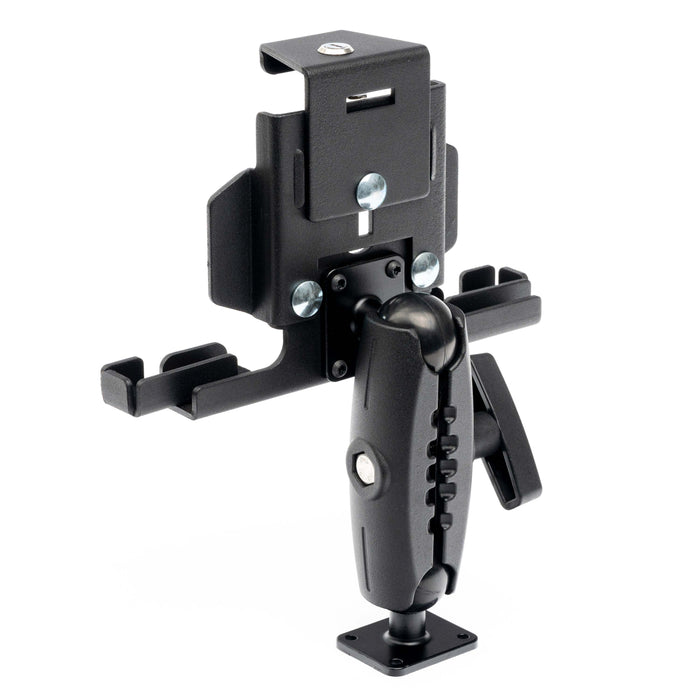 Side view of the LockVise™ Metal Locking Tablet Mount, showing its black rugged aluminum bracket with a 5 metal shaft. Features include a clamp on one end and a flat drill base mount for secure tablet installation.