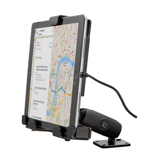 A tablet displaying a map is mounted on the LockVise™ Metal Locking Tablet Mount with Drill Base and Magnetic Lightning Charge Cable for secure attachment in commercial vehicles.