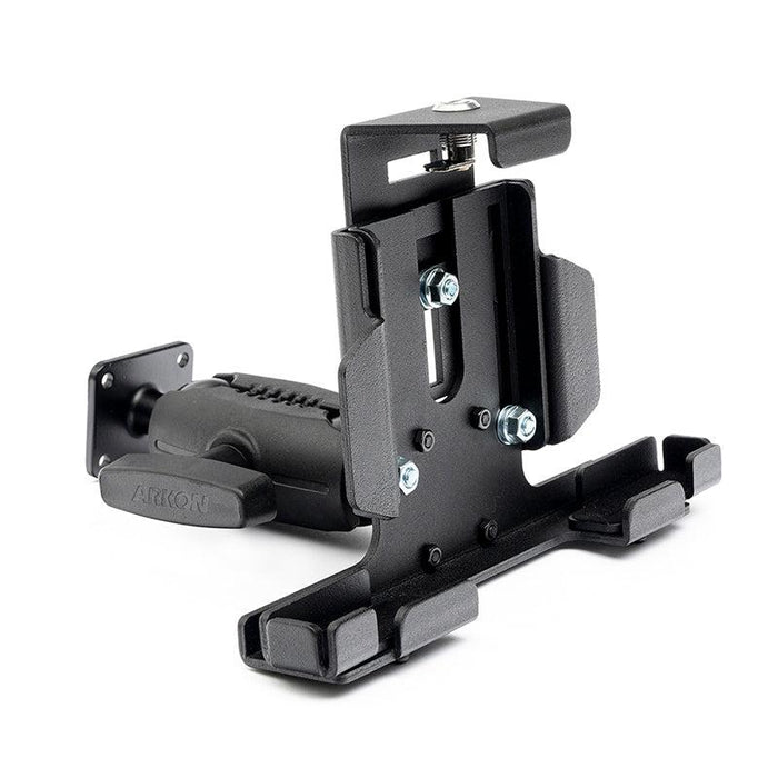 The LockVise™ Metal Locking Tablet Mount with Drill Base Mount features padded grips, metal bolts, and swivel/tilt for flexible positioning—perfect as a secure ELD tablet holder or device stand.