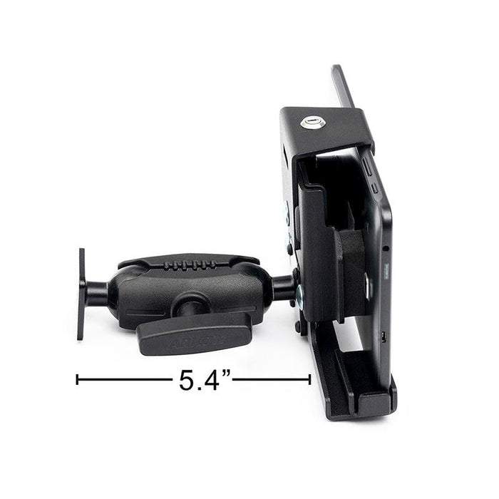 The LockVise™ Metal Locking Tablet Mount with Drill Base securely grips a smartphone (side view), displaying a 5.4-inch span between its ends.