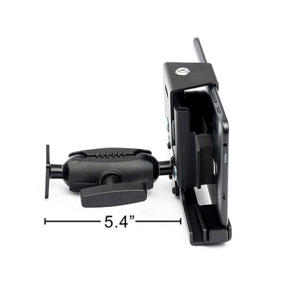 The LockVise™ Metal Locking Tablet Mount with Drill Base securely grips a smartphone (side view), displaying a 5.4-inch span between its ends.