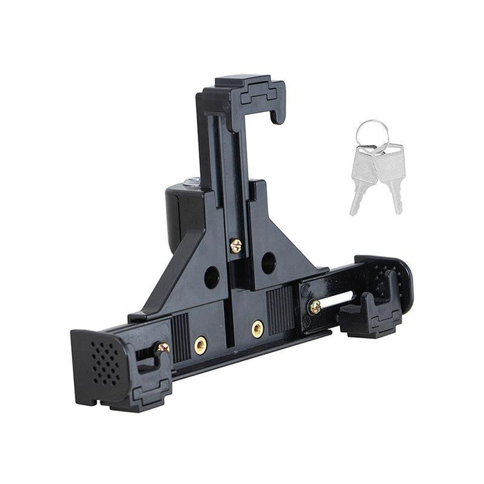 The LockVise™ Universal Locking Phone Holder with Key Lock is a black, adjustable clamp lock that secures laptops and devices, and also functions as a universal phone holder, keeping your phone safe. Includes two keys.