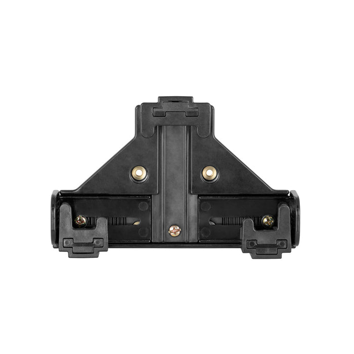 Black plastic and metal T-shaped LockVise™ Universal Locking Phone Holder with Key Lock, featuring mounting holes, visible screws, and connectors. Symmetrical design photographed against a white background.