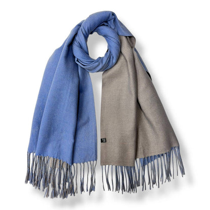 London Scarves - Reversible two tone coloured plain cashmere blend scarf: Denim
