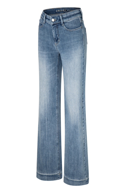 Model wearing MAC Dream Wide Authentic Sky Blue Wash wide leg stretch jeans in a light blue denim wash. Shop MAC Jeans at Dotique.