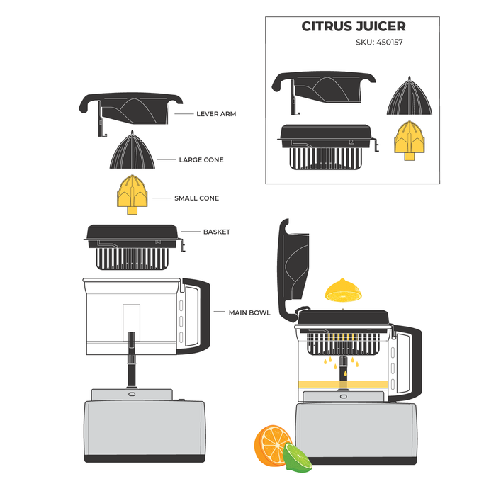 Technical illustration of the Magimix citruss press