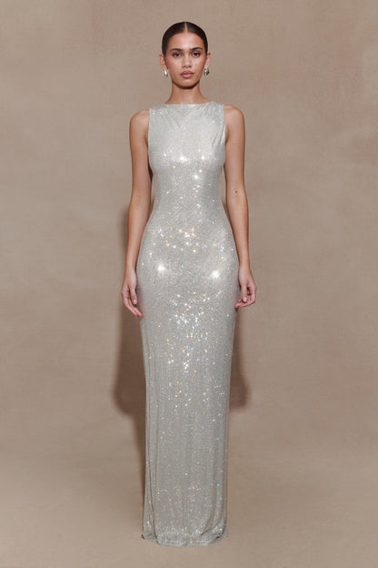 Magnolia Sleeveless Diamante Maxi Dress - Silver