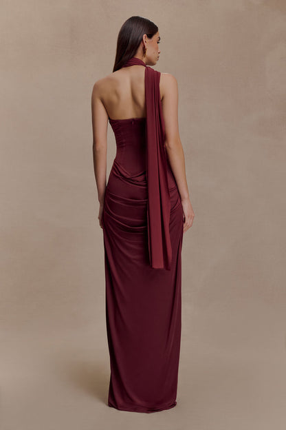 Mattea Slinky And Mesh Maxi Dress With Scarf - Burgundy