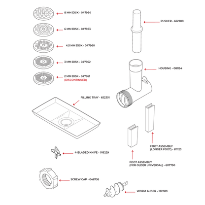 Technical illustration of a Bosch meat grinder attachment and all of its parts