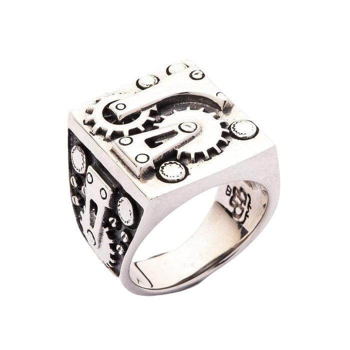 Close-up of the industrial engine-inspired details on the men's biker ring.