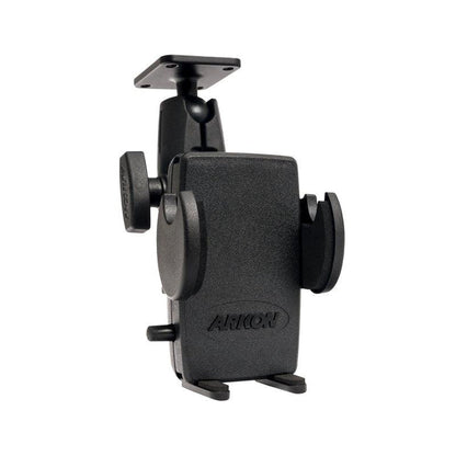 The Drill-Base Mega Grip™ Phone Mount fits iPhone, Galaxy, Note, and more. It features adjustable clamp arms, an adjustable arm, a 4-hole AMPS drill base, and displays the Arkon brand name on the front.
