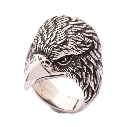 Detailed view of 925 sterling silver eagle ring showing opposite side profile with oxidized feather texture