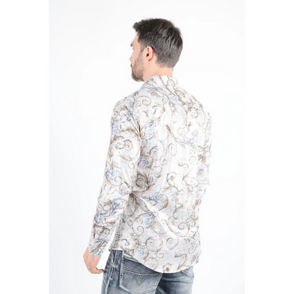 Mens Modern Fit Stretch Foiled Off White Long Sleeve Shirt