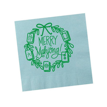 Natalie Chang NAPKINS | LIGHT BLUE with Green Matte Foil (25 per package) Merry Mahjong | Christmas Cups & Napkins (ALL)