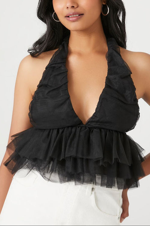 Mesh Ruffle Halter Crop Top