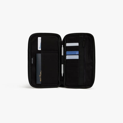 Carbon Black | Open view of Metro Travel Wallet in Carbon Black with ID, passport, pen and cards inside