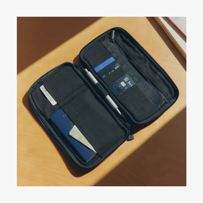 Carbon Black | Angle view of Metro Travel Wallet open in Carbon Black with passport, pen and cards inside