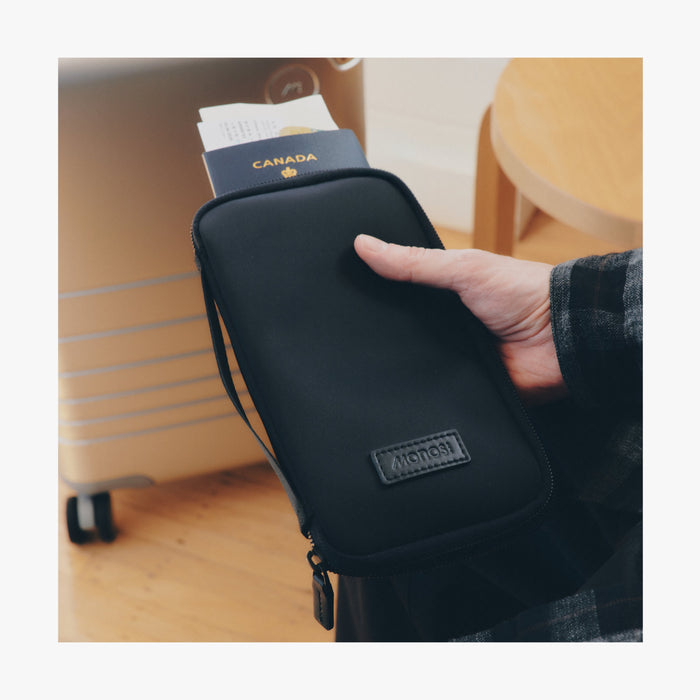Carbon Black | Hand holding Metro Travel Wallet in Carbon Black with passport and boarding pass visible