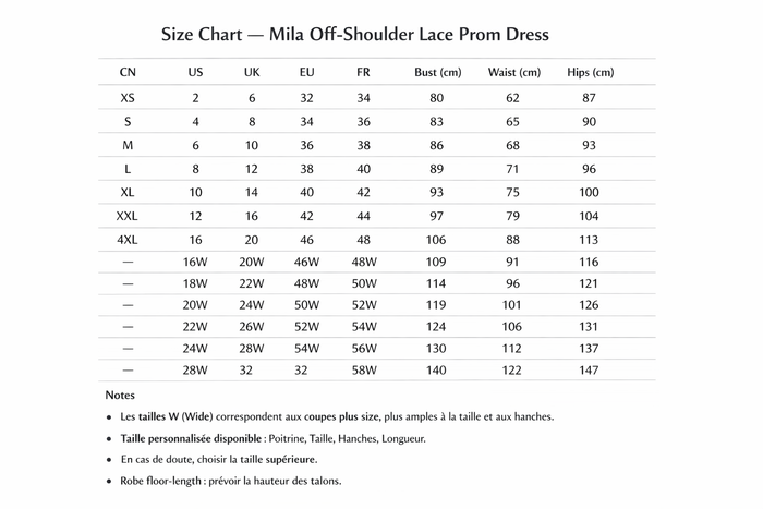 Size chart for Mila Off-Shoulder Lace Prom Dress with measurements in various units.