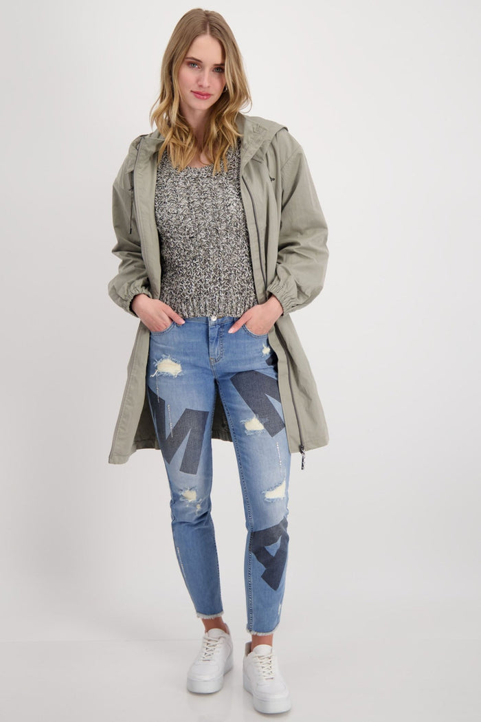 Monari 408305 Sage Green Silver Round Neck 3/4 Sleeve Jumper  Dotique