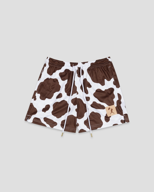 Moo Milk Cow Print Diamond Air Mesh Shorts (Brown) - Youth
