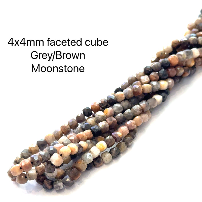 One 4x4mm Grey / Brown Moonstone faceted cube 15'' gemstone strands
