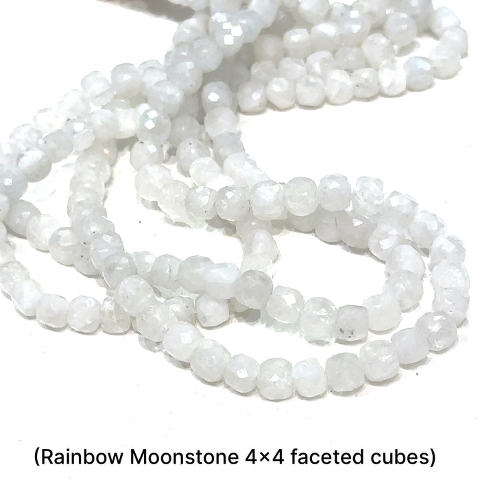One 4x4mm Rainbow Moonstone faceted cube 15'' gemstone strand
