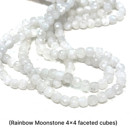 One 4x4mm Rainbow Moonstone faceted cube 15'' gemstone strand