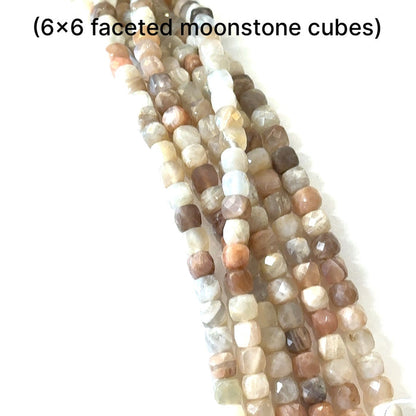 One 6x6mm Multi Moonstone faceted cube 15'' gemstone strand