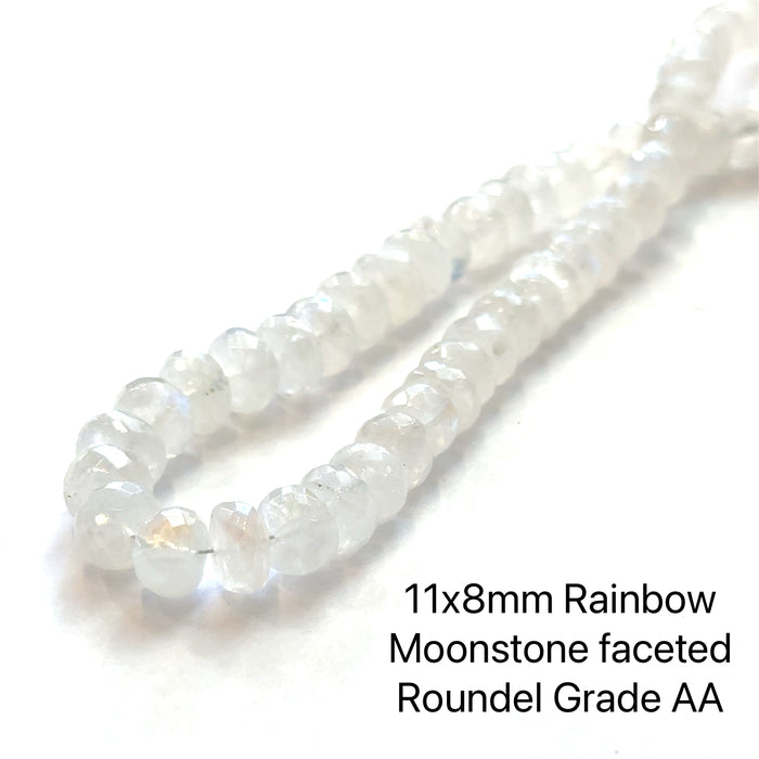One 11x8mm Rainbow Moonstone Faceted Roundel Grade AA, 13'' gemstone strand