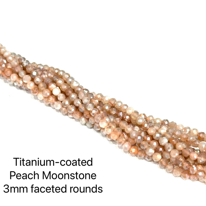 One 3mm Titanium-coated Peach Moonstone faceted round 12'' gemstone strand
