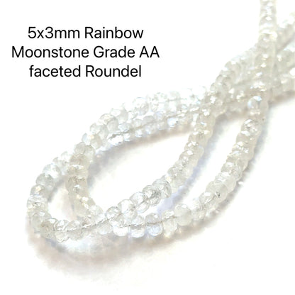One 5x3mm Rainbow Moonstone faceted roundel Grade AA, 13'' gemstone strand