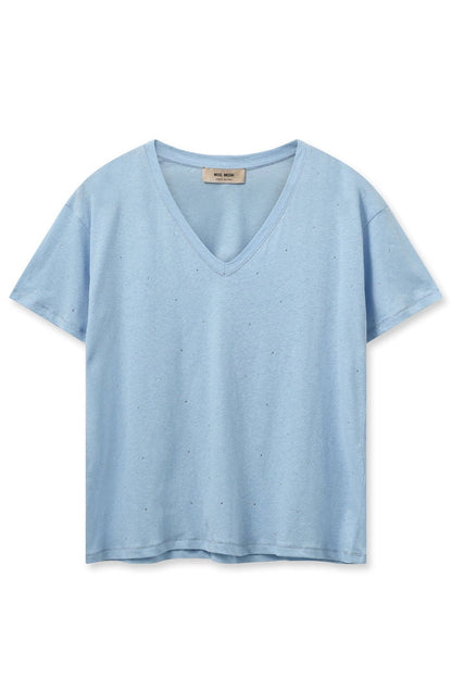 Mos Mosh 163650 MMMain Cashmere Blue V-Neck Diamante Detail Deco T-Shirt - Dotique