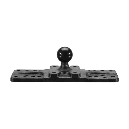 The Mounting Plate - 25mm (1 inch) Ball Compatible is shown from the front; this black plate features a central ball and 4-Hole AMPS pattern, making it suitable as a Humminbird fishfinder mount against a white background.