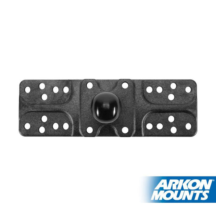 The Mounting Plate - 25mm (1 inch) Ball Compatible features a central ball joint and 4-Hole AMPS pattern, perfect for mounting a Humminbird fishfinder. The Arkon Mounts logo is in the lower right corner on a white background.