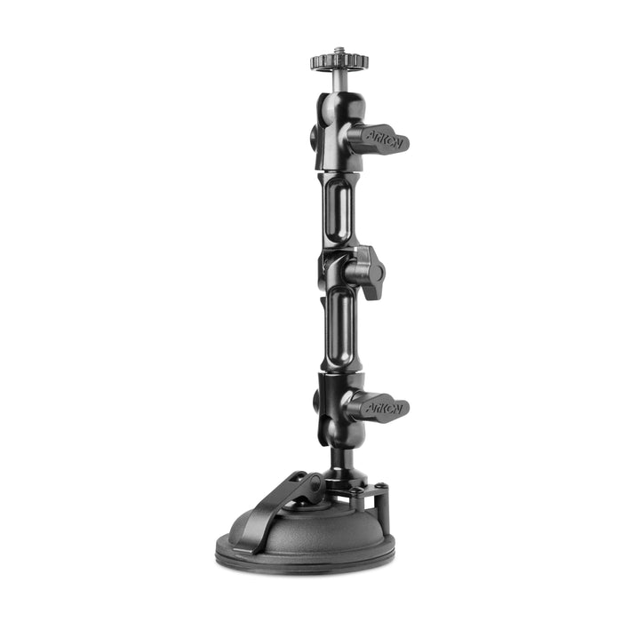 The Multi-Angle Suction Cup Camera Mount is a black metal holder with adjustment knobs and a heavy-duty suction base, designed to securely support cameras or lights at various angles.