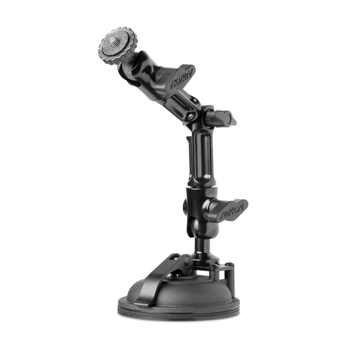 The Multi-Angle Suction Cup Camera Mount features pivoting arms and tightening knobs for secure, versatile mounting of devices to smooth surfaces.