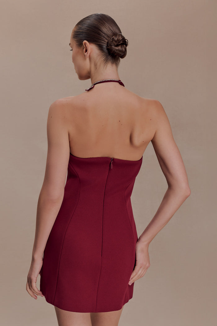Nathalie Halter Neck Floral Mini Dress - Merlot