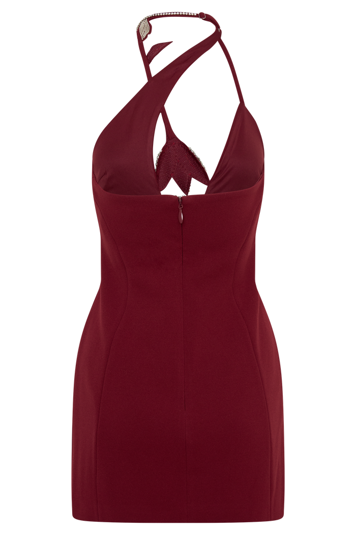 Nathalie Halter Neck Floral Mini Dress - Merlot