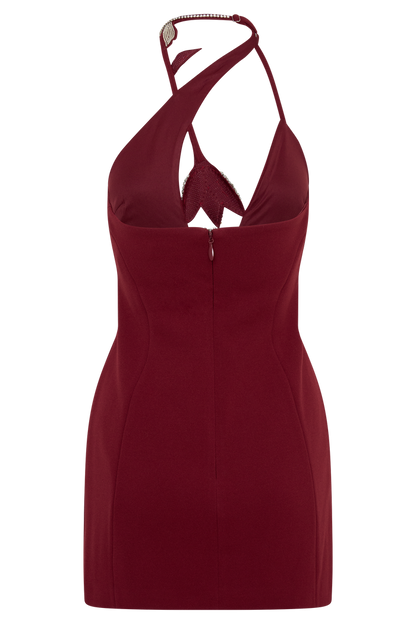 Nathalie Halter Neck Floral Mini Dress - Merlot
