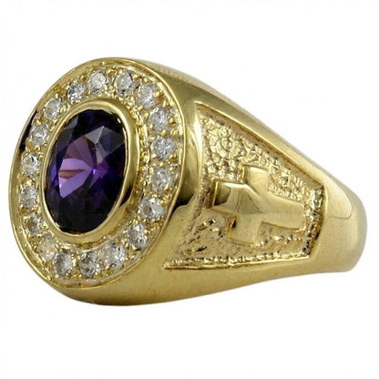 Natural amethyst bishop ring with diamond CZ halo and 14k gold plated sterling silver front view