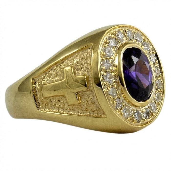 14k gold plated bishop ring side view featuring intricate cross engraving and amethyst stone