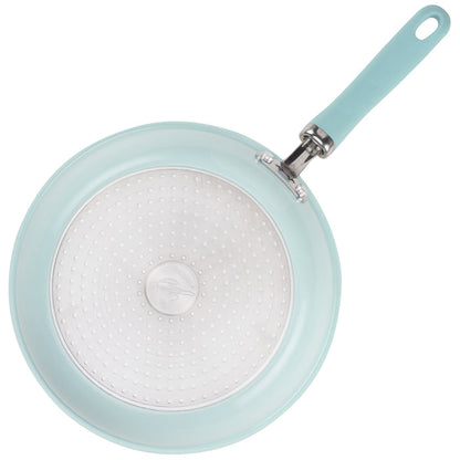 Top view of light blue Nonstick Induction Deep Frying Pan with metal base and handle.