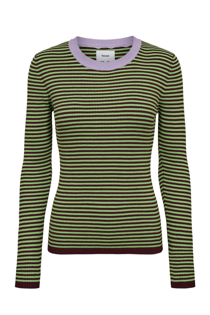 Numph 706923 NUFILINA Pullover – Fig featuring green and brown horizontal stripes with a soft lavender neckline by Numph. Shop Numph at Dotique.