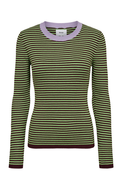 Numph 706923 NUFILINA Pullover – Fig featuring green and brown horizontal stripes with a soft lavender neckline by Numph. Shop Numph at Dotique.