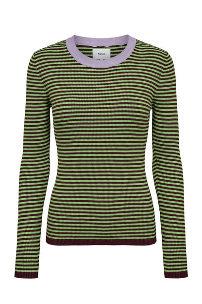 Numph 706923 NUFILINA Pullover – Fig featuring green and dark purple stripes with a lavender neckline by Numph. Shop Numph at Dotique.